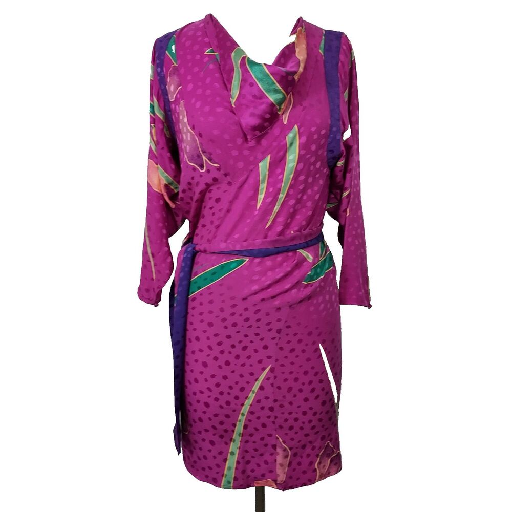 VTG FLORA KUNG Silk Dress Size 2P 1980s 80s Retro Mod Floral Sheath Colorful